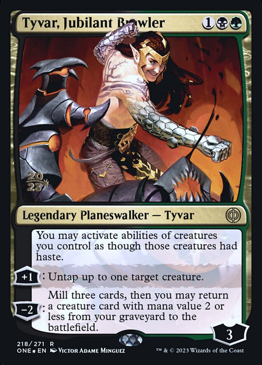 This Is An Image Of The Magic The Gathering Card Tyvar, Jubilant Brawler From The Set Phyrexia: All Will Be One - Designed By Artist Victor Adame Minguez