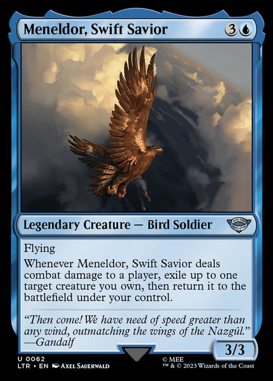 This Is An Image Of The Magic The Gathering Card Meneldor, Swift Savior From The Set The Lord of the Rings: Tales of Middle-earth - Designed By Artist Axel Sauerwald