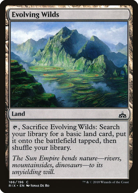 This Is An Image Of The Magic The Gathering Card Evolving Wilds From The Set Tarkir: Dragonstorm - Designed By Artist Leon Tukker
