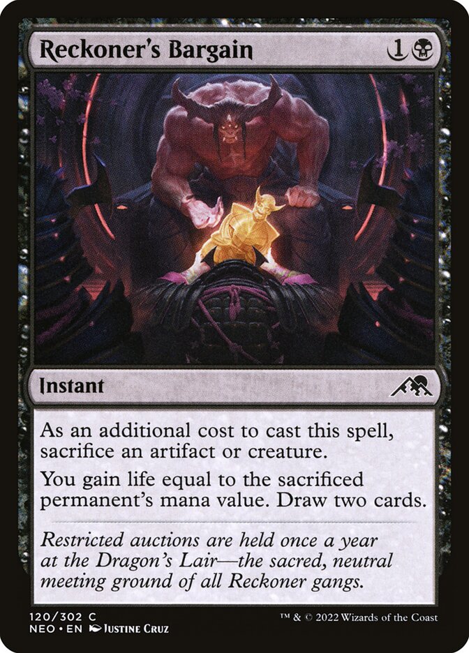 This Is An Image Of The Magic The Gathering Card Reckoner's Bargain From The Set Kamigawa: Neon Dynasty - Designed By Artist Justine Cruz