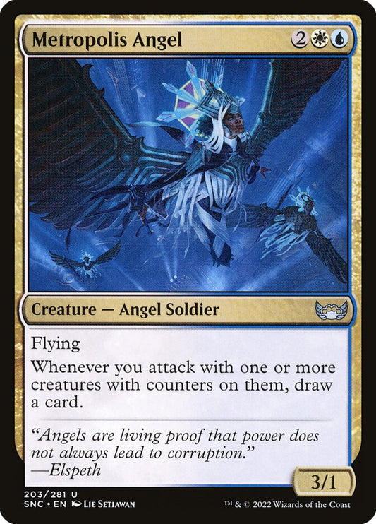 This Is An Image Of The Magic The Gathering Card Metropolis Angel From The Set Streets of New Capenna - Designed By Artist Lie Setiawan