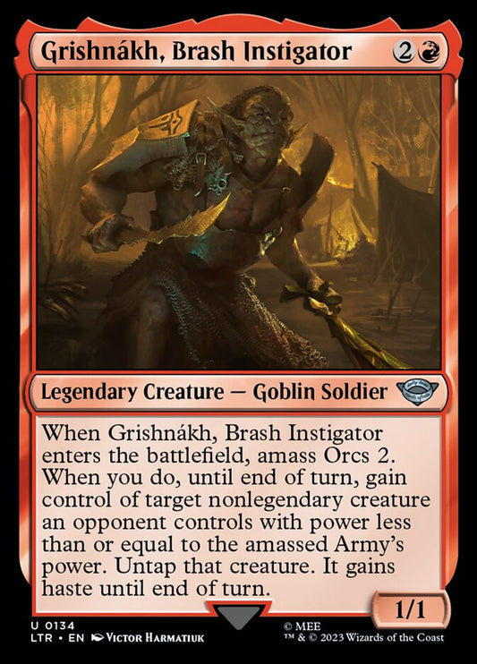 This Is An Image Of The Magic The Gathering Card Grishnákh, Brash Instigator From The Set The Lord of the Rings: Tales of Middle-earth - Designed By Artist Victor Harmatiuk