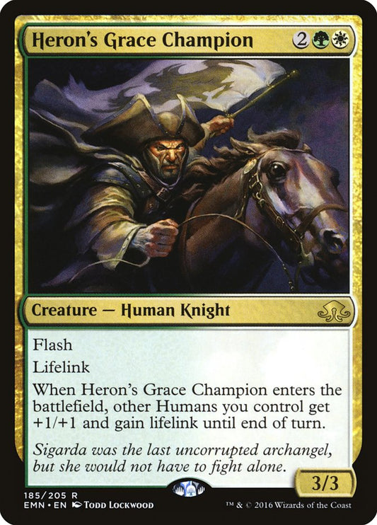 This Is An Image Of The Magic The Gathering Card Heron's Grace Champion From The Set Midnight Hunt Commander - Designed By Artist Todd Lockwood
