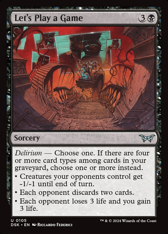 This Is An Image Of The Magic The Gathering Card Let's Play a Game From The Set Duskmourn: House of Horror - Designed By Artist Riccardo Federici