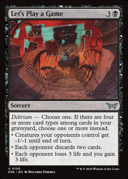This Is An Image Of The Magic The Gathering Card Let's Play a Game From The Set Duskmourn: House of Horror - Designed By Artist Riccardo Federici