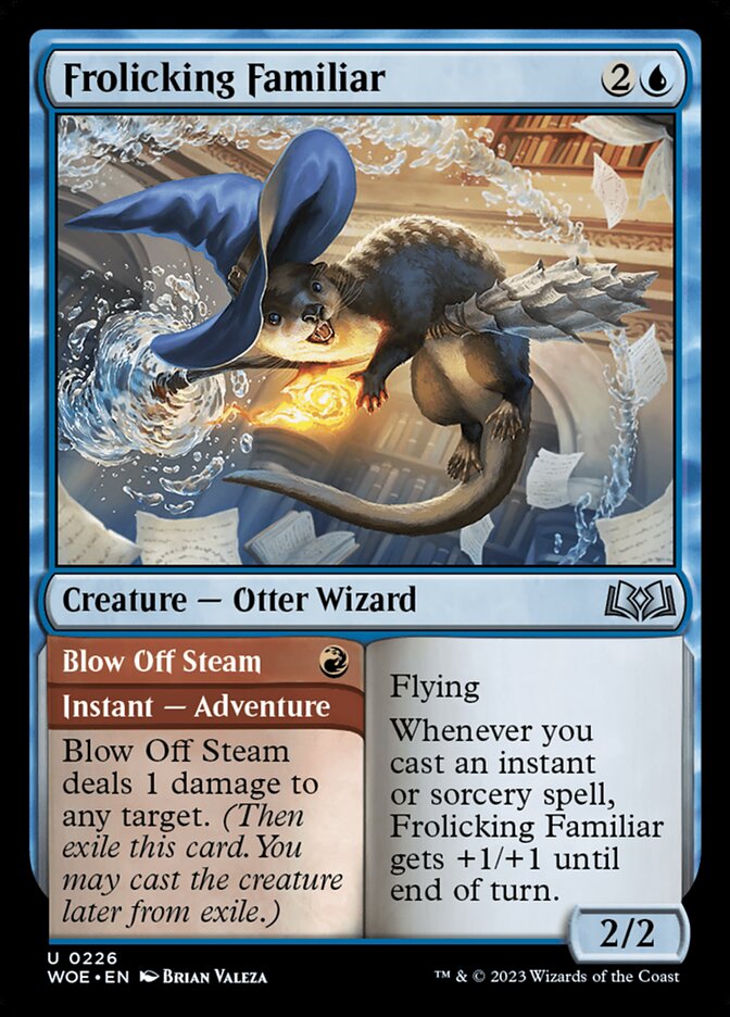 This Is An Image Of The Magic The Gathering Card Frolicking Familiar // Blow Off Steam From The Set Wilds of Eldraine - Designed By Artist Brian Valeza