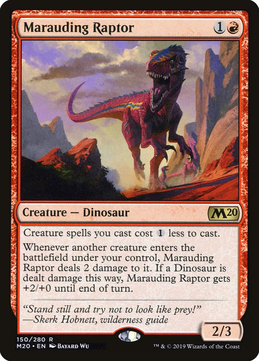 This Is An Image Of The Magic The Gathering Card Marauding Raptor From The Set The Lost Caverns of Ixalan Commander - Designed By Artist Bayard Wu