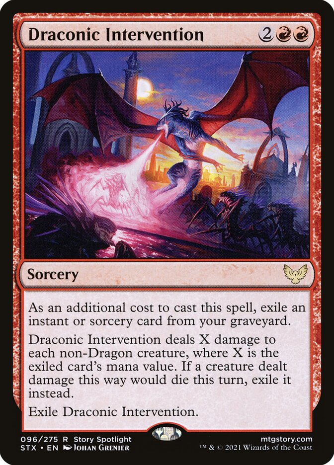 This Is An Image Of The Magic The Gathering Card Draconic Intervention From The Set Strixhaven: School of Mages - Designed By Artist Johan Grenier