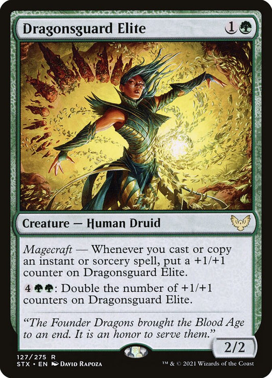 This Is An Image Of The Magic The Gathering Card Dragonsguard Elite From The Set Strixhaven: School of Mages - Designed By Artist David Rapoza