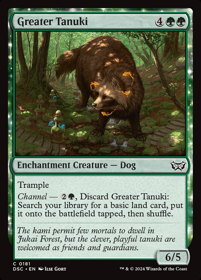 This Is An Image Of The Magic The Gathering Card Greater Tanuki From The Set Duskmourn: House of Horror Commander - Designed By Artist Ilse Gort
