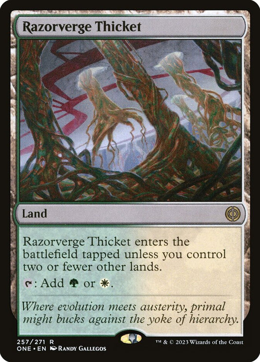 This Is An Image Of The Magic The Gathering Card Razorverge Thicket From The Set Phyrexia: All Will Be One - Designed By Artist Randy Gallegos