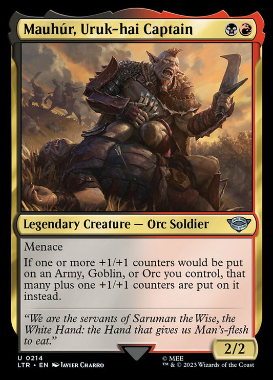 This Is An Image Of The Magic The Gathering Card Mauhúr, Uruk-hai Captain From The Set The Lord of the Rings: Tales of Middle-earth - Designed By Artist Javier Charro