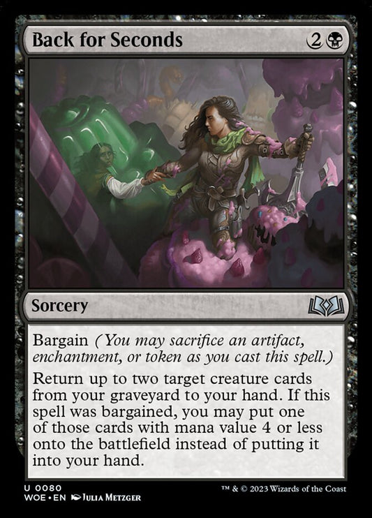 This Is An Image Of The Magic The Gathering Card Back for Seconds From The Set Wilds of Eldraine - Designed By Artist Julia Metzger
