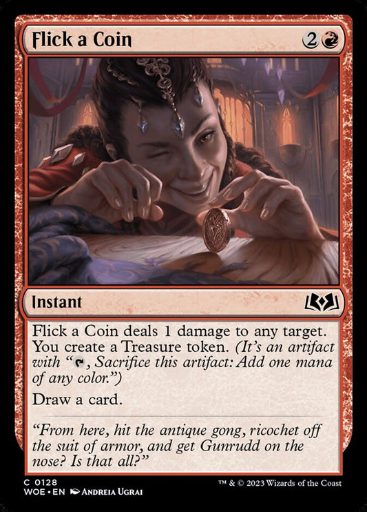 This Is An Image Of The Magic The Gathering Card Flick a Coin From The Set Wilds of Eldraine - Designed By Artist Andreia Ugrai