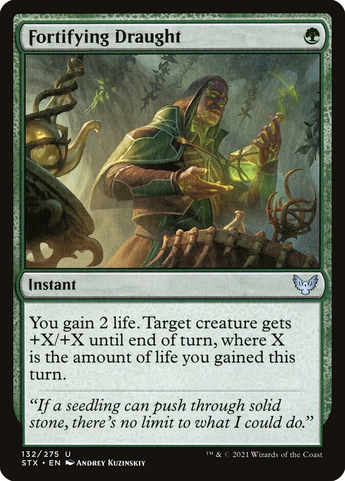 This Is An Image Of The Magic The Gathering Card Fortifying Draught From The Set Strixhaven: School of Mages - Designed By Artist Andrey Kuzinskiy