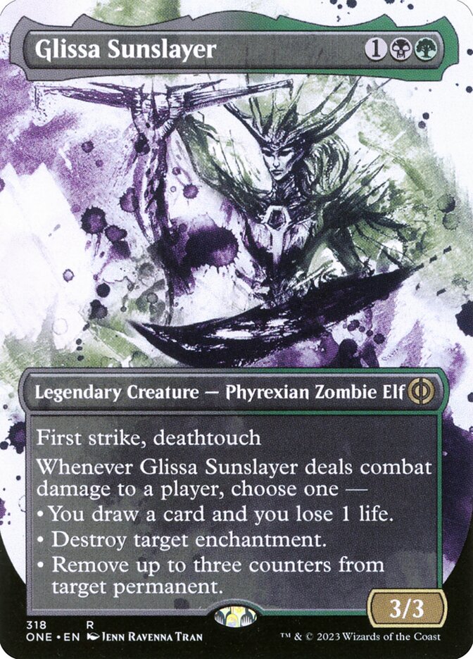 This Is An Image Of The Magic The Gathering Card Glissa Sunslayer From The Set Phyrexia: All Will Be One - Designed By Artist Krharts
