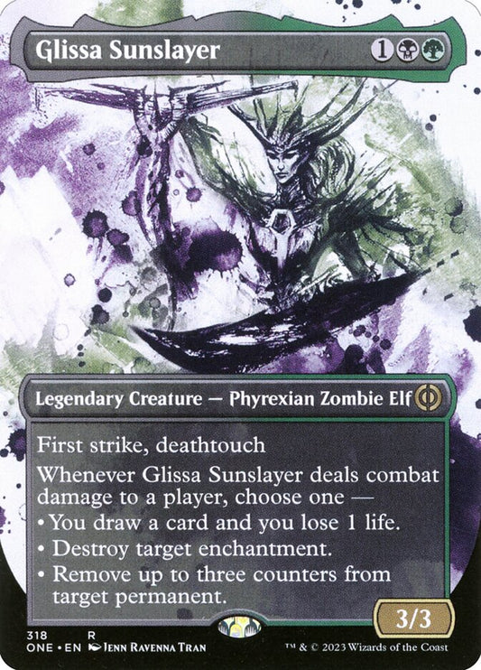 This Is An Image Of The Magic The Gathering Card Glissa Sunslayer From The Set Phyrexia: All Will Be One - Designed By Artist Krharts