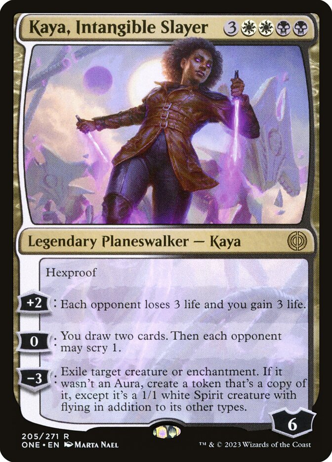 This Is An Image Of The Magic The Gathering Card Kaya, Intangible Slayer From The Set Phyrexia: All Will Be One - Designed By Artist Marta Nael