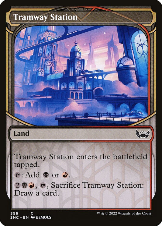 This Is An Image Of The Magic The Gathering Card Tramway Station From The Set Streets of New Capenna - Designed By Artist Alexander Forssberg