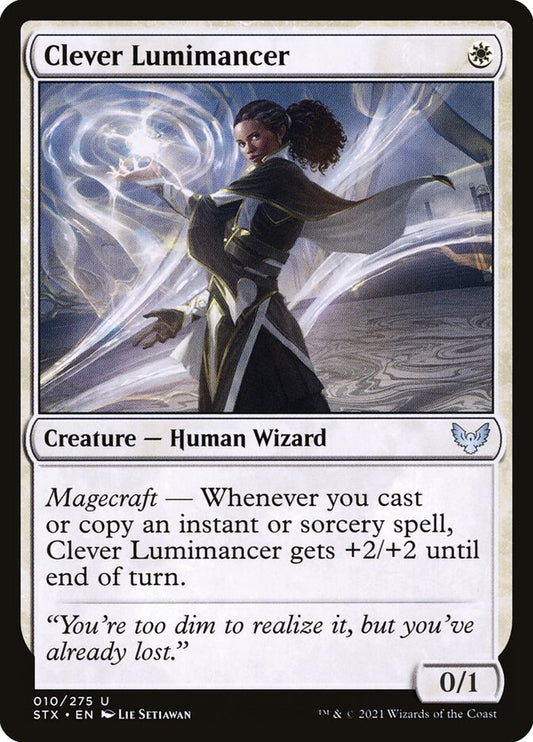 This Is An Image Of The Magic The Gathering Card Clever Lumimancer From The Set Strixhaven: School of Mages - Designed By Artist Lie Setiawan