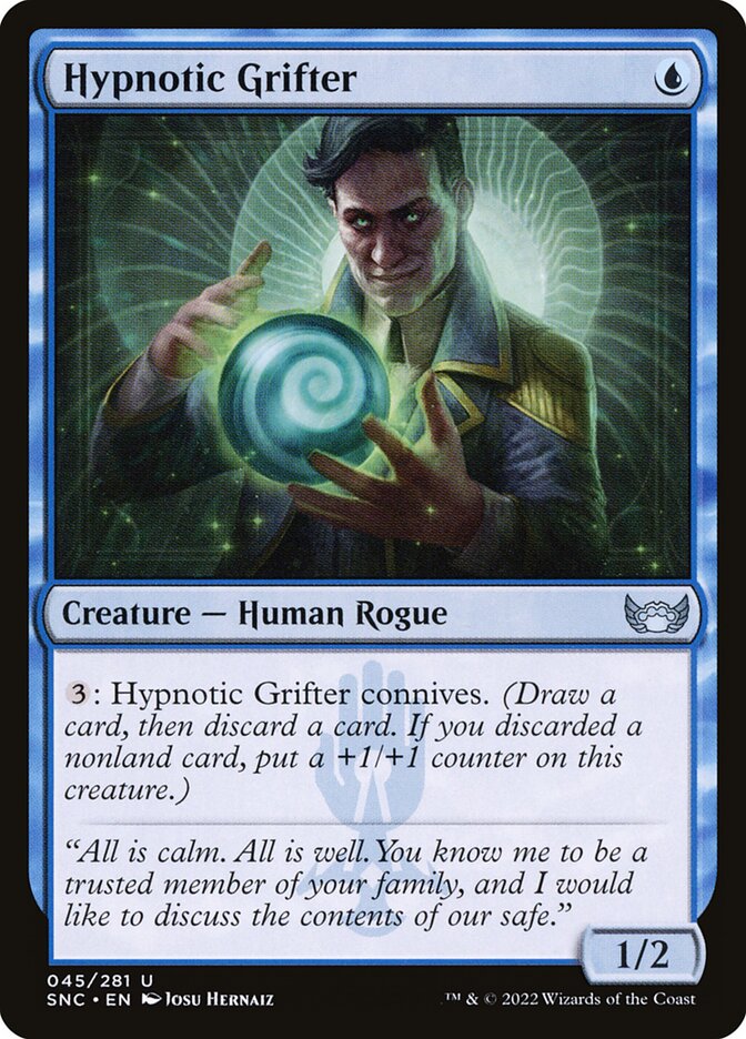 This Is An Image Of The Magic The Gathering Card Hypnotic Grifter From The Set Streets of New Capenna - Designed By Artist Josu Hernaiz