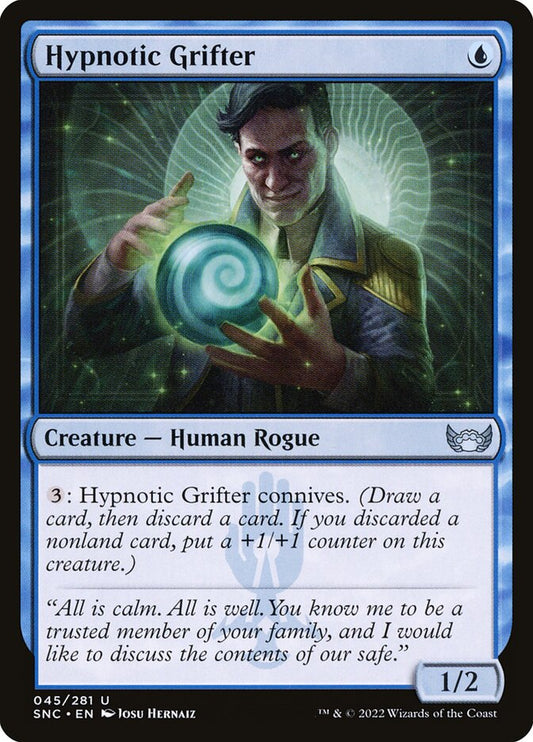 This Is An Image Of The Magic The Gathering Card Hypnotic Grifter From The Set Streets of New Capenna - Designed By Artist Josu Hernaiz