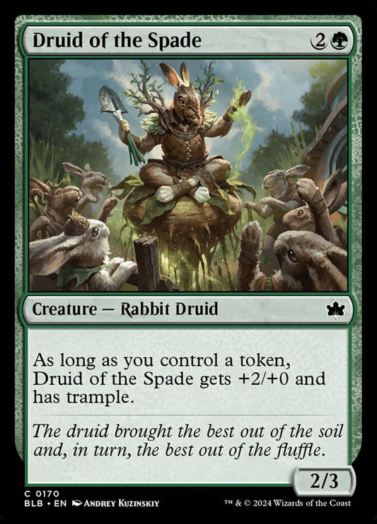 This Is An Image Of The Magic The Gathering Card Druid of the Spade From The Set Bloomburrow - Designed By Artist Andrey Kuzinskiy