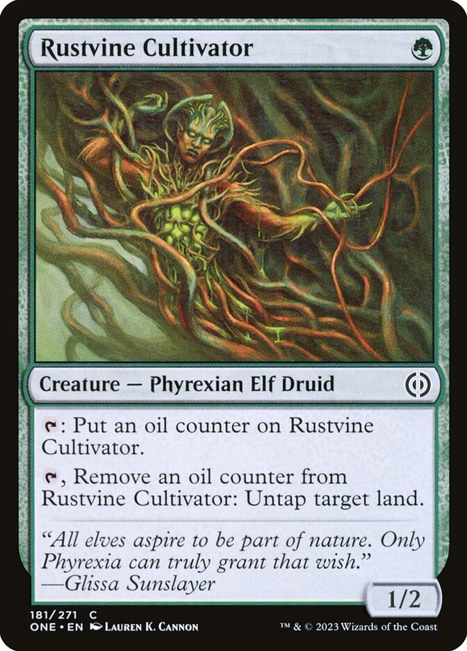 This Is An Image Of The Magic The Gathering Card Rustvine Cultivator From The Set Phyrexia: All Will Be One - Designed By Artist Lauren K. Cannon