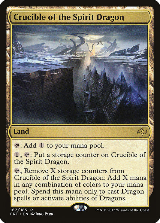 This Is An Image Of The Magic The Gathering Card Crucible of the Spirit Dragon From The Set Forgotten Realms Commander - Designed By Artist Jung Park