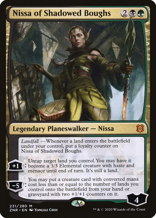 This Is An Image Of The Magic The Gathering Card Nissa of Shadowed Boughs From The Set Zendikar Rising - Designed By Artist Yongjae Choi