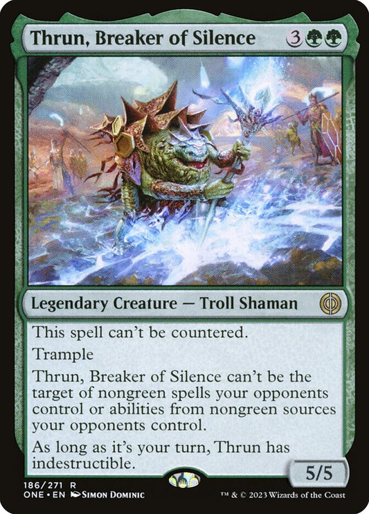 This Is An Image Of The Magic The Gathering Card Thrun, Breaker of Silence From The Set Phyrexia: All Will Be One - Designed By Artist Simon Dominic