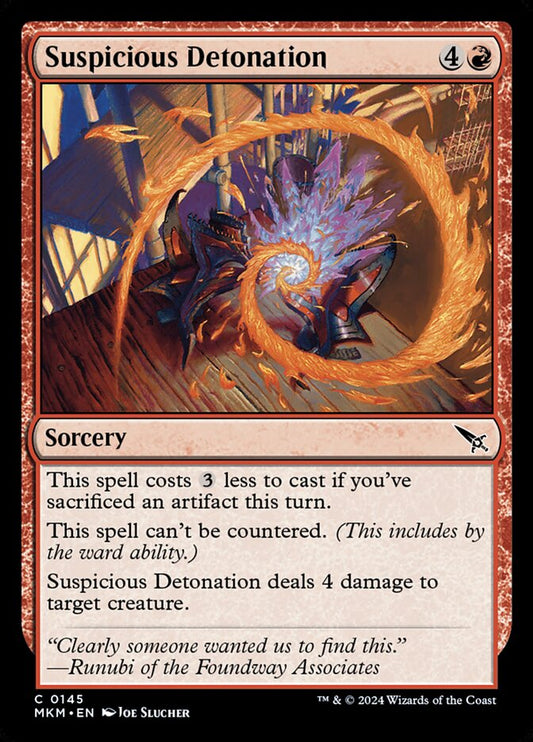 This Is An Image Of The Magic The Gathering Card Suspicious Detonation From The Set Murders at Karlov Manor - Designed By Artist Joe Slucher