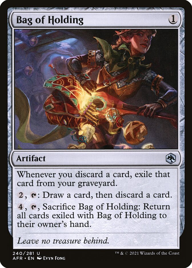 This Is An Image Of The Magic The Gathering Card Bag of Holding From The Set Commander Legends: Battle for Baldur's Gate - Designed By Artist Evyn Fong
