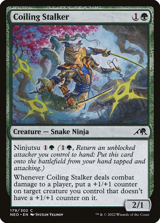 This Is An Image Of The Magic The Gathering Card Coiling Stalker From The Set Kamigawa: Neon Dynasty - Designed By Artist Svetlin Velinov