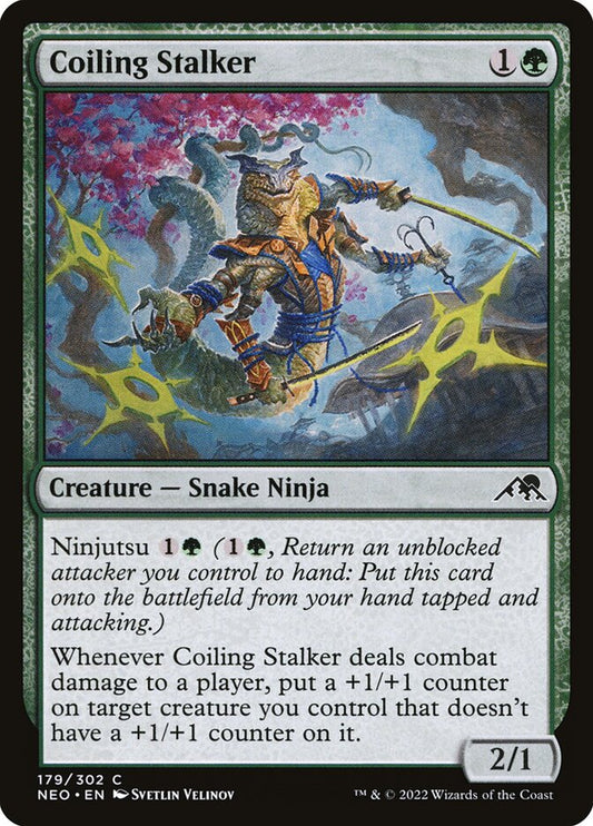 This Is An Image Of The Magic The Gathering Card Coiling Stalker From The Set Kamigawa: Neon Dynasty - Designed By Artist Svetlin Velinov