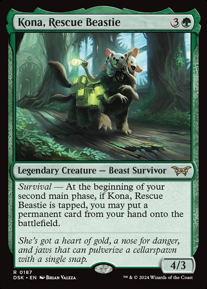 This Is An Image Of The Magic The Gathering Card Kona, Rescue Beastie From The Set Duskmourn: House of Horror - Designed By Artist Brian Valeza