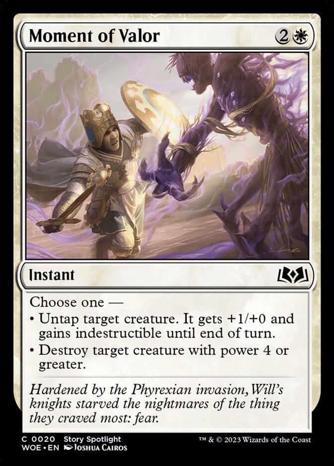This Is An Image Of The Magic The Gathering Card Moment of Valor From The Set Wilds of Eldraine - Designed By Artist Joshua Cairos
