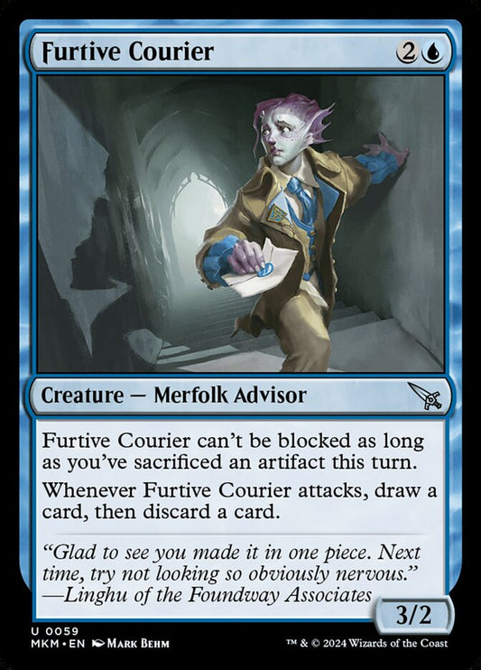 This Is An Image Of The Magic The Gathering Card Furtive Courier From The Set Murders at Karlov Manor - Designed By Artist Mark Behm