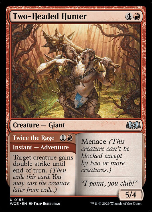 This Is An Image Of The Magic The Gathering Card Two-Headed Hunter // Twice the Rage From The Set Wilds of Eldraine - Designed By Artist Filip Burburan