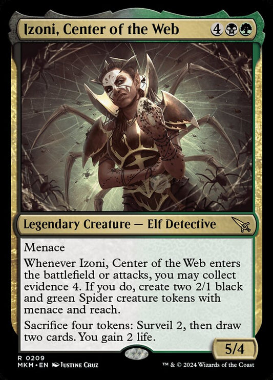 This Is An Image Of The Magic The Gathering Card Izoni, Center of the Web From The Set Murders at Karlov Manor - Designed By Artist Justine Cruz