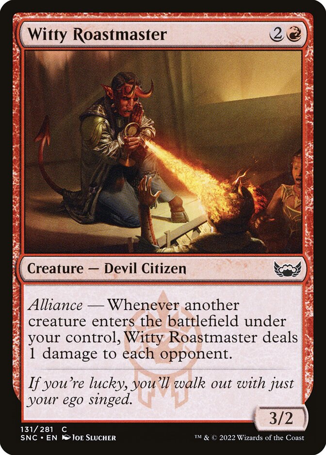 This Is An Image Of The Magic The Gathering Card Witty Roastmaster From The Set Streets of New Capenna - Designed By Artist Joe Slucher