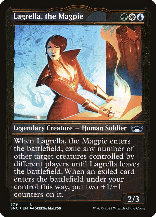 This Is An Image Of The Magic The Gathering Card Lagrella, the Magpie From The Set Streets of New Capenna - Designed By Artist Donato Giancola