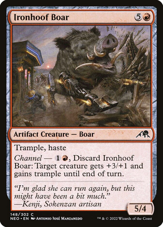 This Is An Image Of The Magic The Gathering Card Ironhoof Boar From The Set Kamigawa: Neon Dynasty - Designed By Artist Antonio José Manzanedo