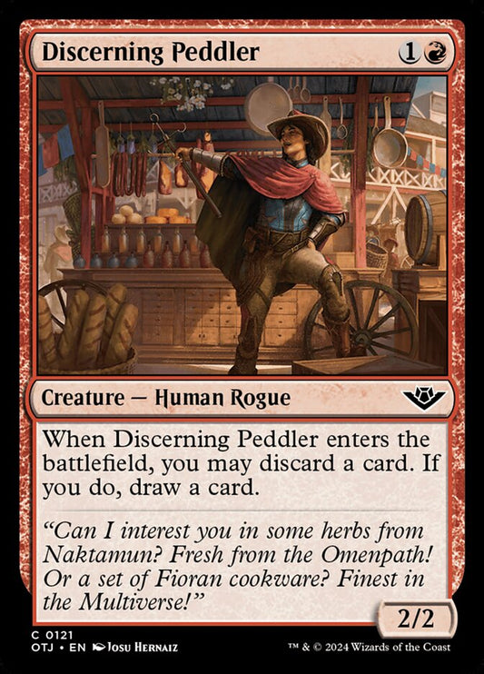 This Is An Image Of The Magic The Gathering Card Discerning Peddler From The Set Outlaws of Thunder Junction - Designed By Artist Josu Hernaiz