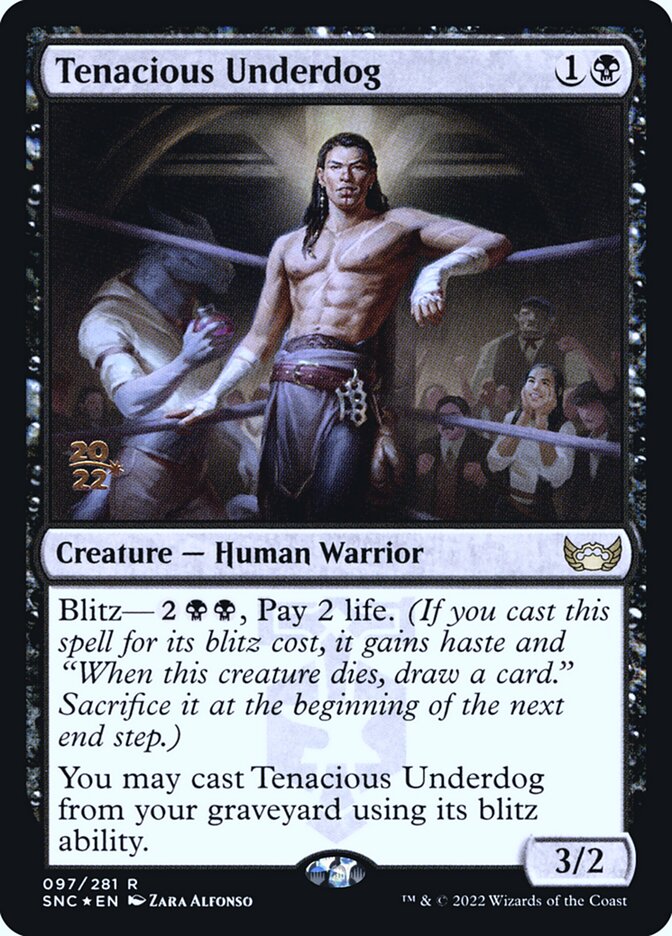 This Is An Image Of The Magic The Gathering Card Tenacious Underdog From The Set Streets of New Capenna - Designed By Artist Zara Alfonso