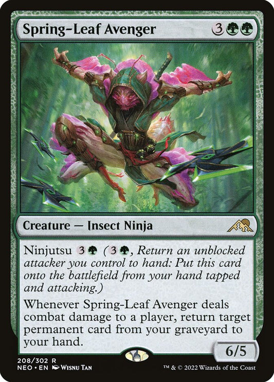 This Is An Image Of The Magic The Gathering Card Spring-Leaf Avenger From The Set Kamigawa: Neon Dynasty - Designed By Artist Wisnu Tan