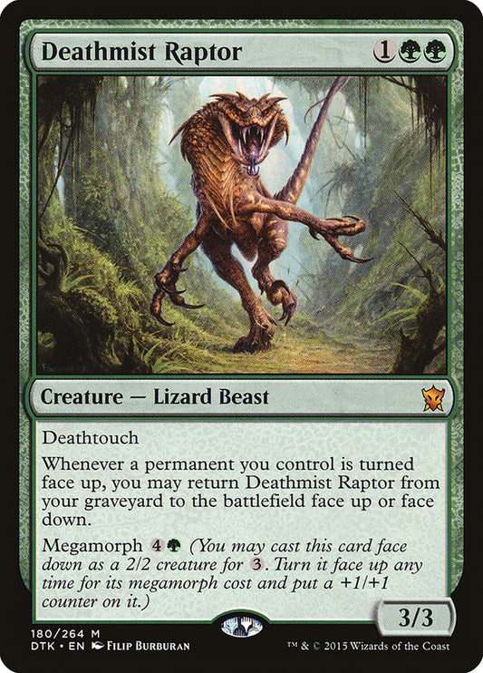 This Is An Image Of The Magic The Gathering Card Deathmist Raptor From The Set Duskmourn: House of Horror Commander - Designed By Artist Filip Burburan