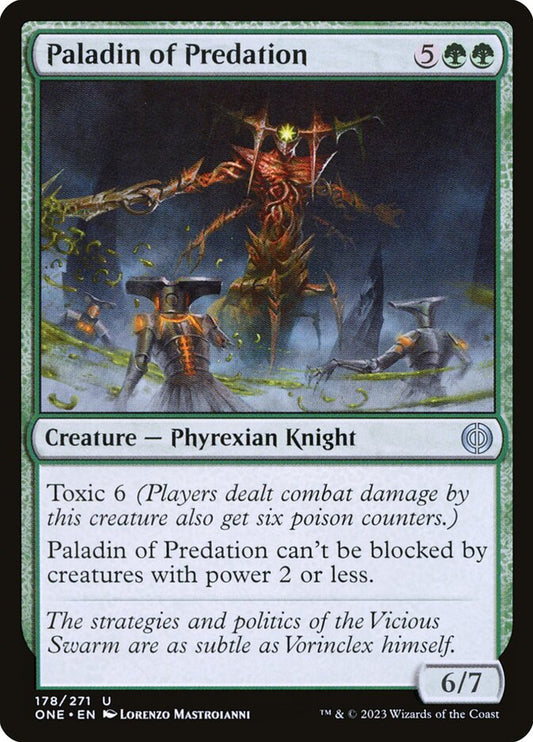 This Is An Image Of The Magic The Gathering Card Paladin of Predation From The Set Phyrexia: All Will Be One - Designed By Artist Lorenzo Mastroianni