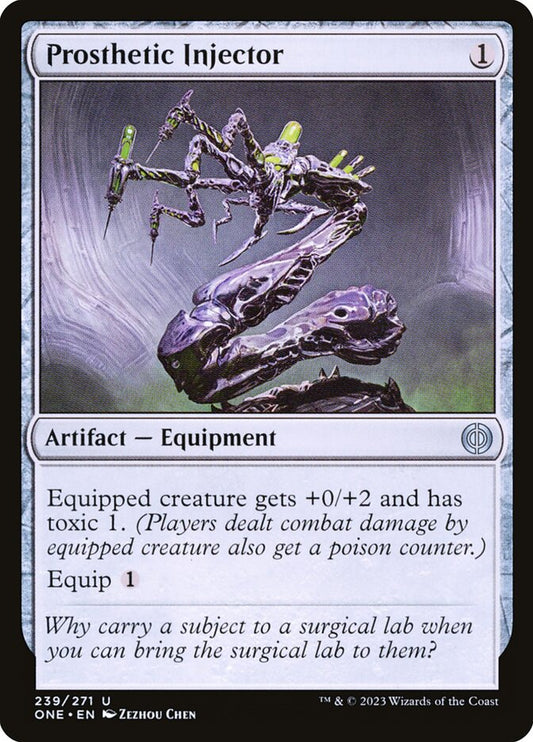 This Is An Image Of The Magic The Gathering Card Prosthetic Injector From The Set Phyrexia: All Will Be One - Designed By Artist Zezhou Chen