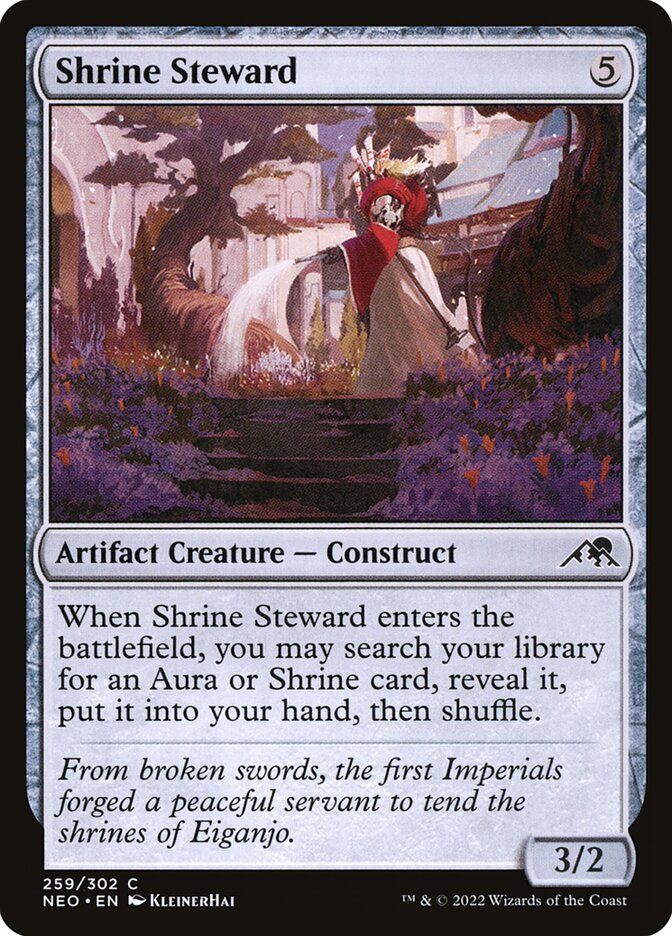This Is An Image Of The Magic The Gathering Card Shrine Steward From The Set Kamigawa: Neon Dynasty - Designed By Artist kleinerHai
